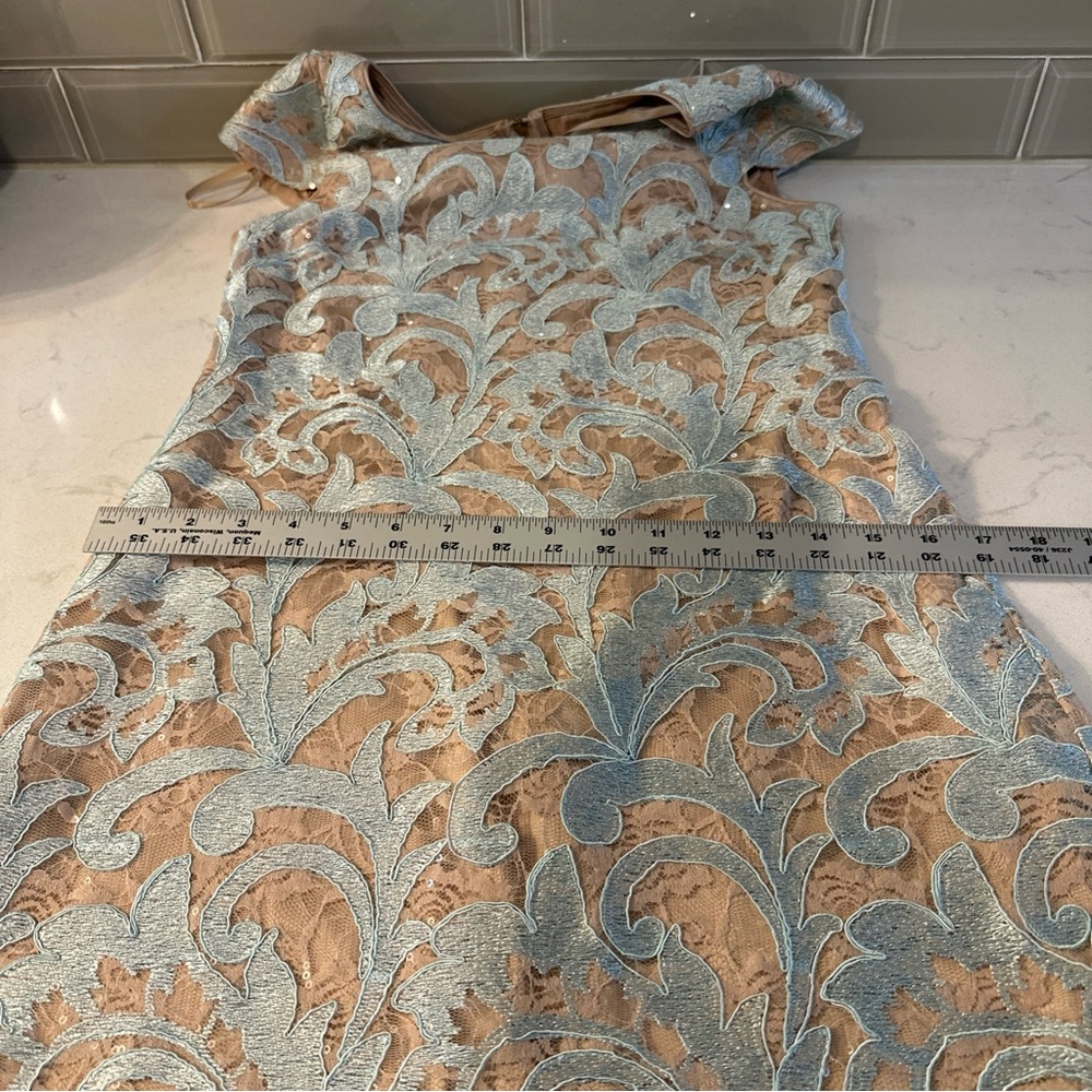 Eliza J Floral Lace Sheath Dress Cap Sleeve Light Blue Nude Lining Size 0 - Picture 14 of 16